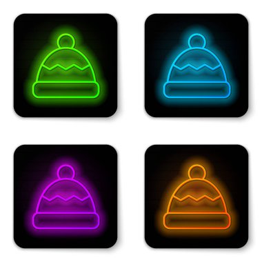 Parlayan neon hattı Beanie şapka simgesi beyaz arkaplanda izole edildi. Siyah kare düğme. Vektör