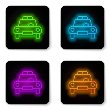 Parlak neon hattı polis arabası ve polis teşhircisi ikonu beyaz arka planda izole edildi. Acil durum sireni. Siyah kare düğme. Vektör