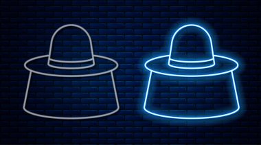 Duvarda izole edilmiş şapka ikonu ile parlayan neon hattı arıcısı. Özel koruyucu üniforma. Vektör