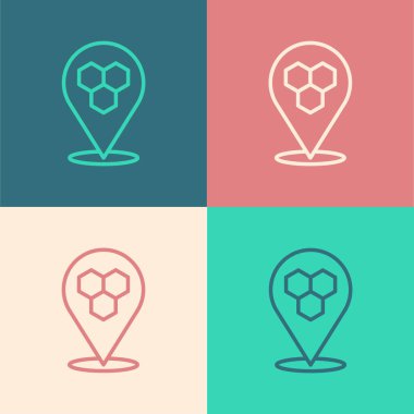 Pop sanat çizgisi bal arısı konumu haritası işaret simgesi renk arkaplanında izole edildi. Çiftlik hayvanı haritası işaretçisi. Vektör