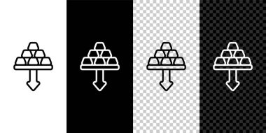 Siyah beyaz, şeffaf arkaplanda izole edilmiş altın çubuk simgesi ayarla. Değerli metallerin düşüşü. Bankacılık işi konsepti. Vektör