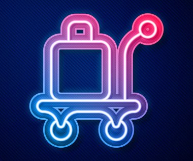 Parlayan neon hattı Trolley bavul ikonu mavi arkaplanda izole edildi. Seyahat bagaj tabelası. Seyahat bagaj ikonu. Vektör