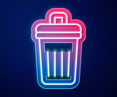 Parlayan neon hattı Çöp kutusu simgesi mavi arkaplanda izole edildi. Çöp kutusu tabelası. Sepet simgesini geri dönüştür. Ofis çöpü ikonu. Vektör
