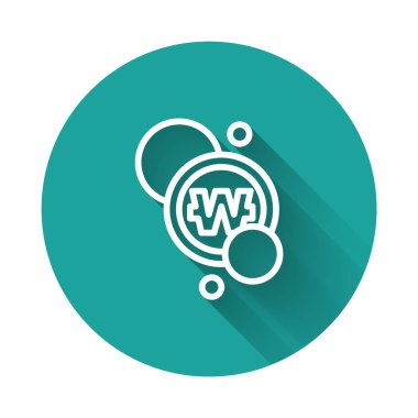 Güney Kore 'deki beyaz çizgi, uzun gölgeli izole edilmiş madeni para ikonu kazandı. Güney Kore para birimi işi, ödeme ve finans. Yeşil daire düğmesi. Vektör