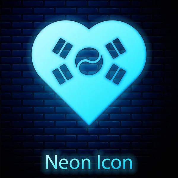 Brillante emblema de neón Love Korea con corazón en el icono de la bandera nacional aislado en el fondo de la pared de ladrillo. Vector — Vector de stock