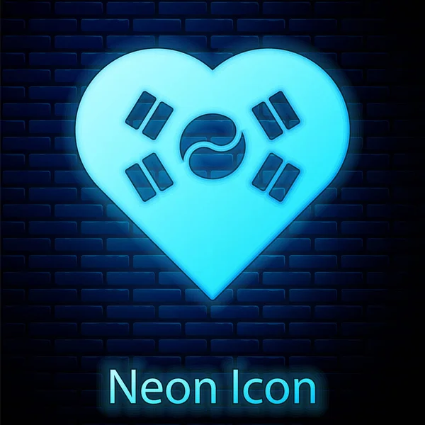 สัญลักษณ์นีออนเลิฟเกาหลีที่เรืองแสงด้วยหัวใจในไอคอนธงชาติที่แยกจากพื้นหลังผนังอิฐ เวกเตอร์ — ภาพเวกเตอร์สต็อก