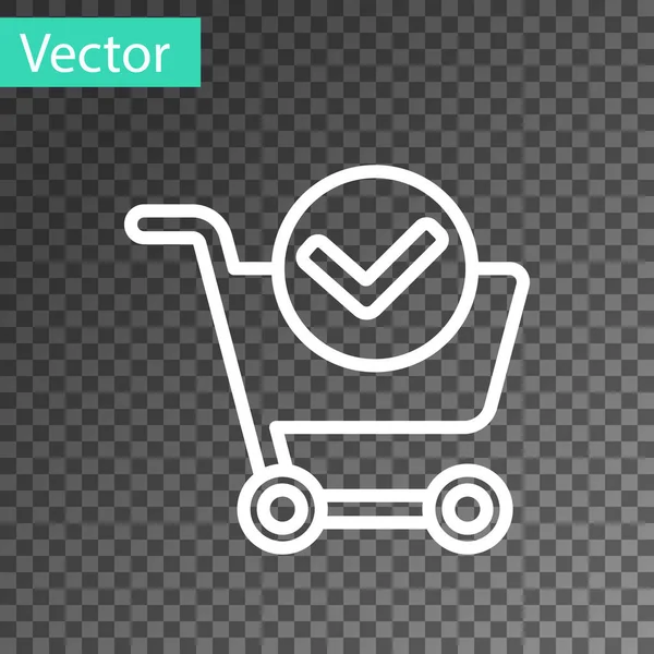 White line Shopping cart with check mark icon isolated on transparent background. Supermarket basket with approved, confirm, tick, completed. Vector Illustration — Stock Vector
