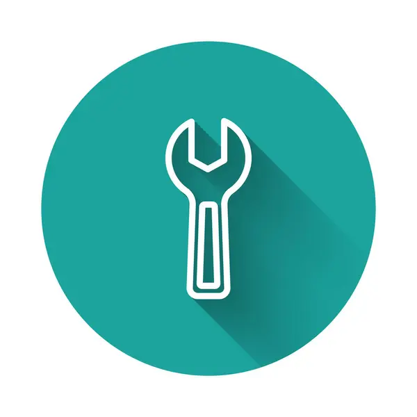White line Wrench spanner icon isolated with long shadow. Green circle button. Vector — Stock Vector