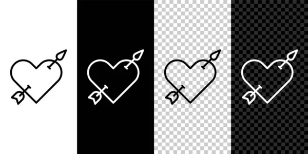 Establecer línea Amour símbolo con corazón y flecha icono aislado sobre fondo blanco y negro. Señal de amor. El símbolo de San Valentín. Vector — Vector de stock