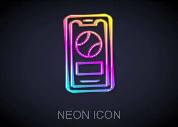 Gloeiende neon lijn Smartphone met honkbal bal op het scherm pictogram geïsoleerd op zwarte achtergrond. Online honkbal spel voor mobiele telefoon. Vector — Stockvector