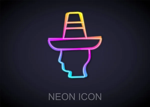 Linha de néon brilhante Homem mexicano vestindo ícone sombrero isolado no fundo preto. Homem hispânico com bigode. Vetor — Vetor de Stock