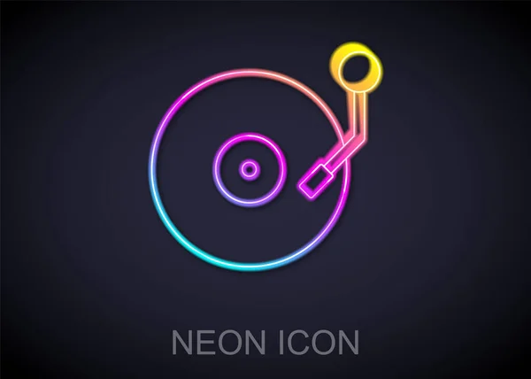 Linha de néon brilhante Jogador de vinil com um ícone de disco de vinil isolado no fundo preto. Vetor — Vetor de Stock