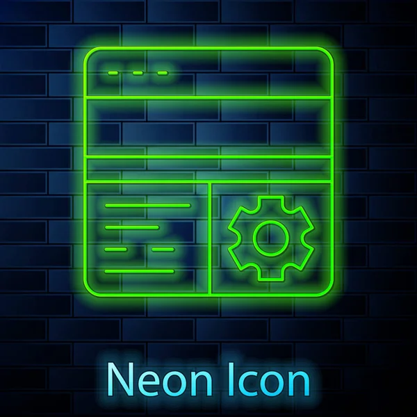 Glödande neon linje felsökning ikon isolerad på tegel vägg bakgrund. Felsökningsverktyg. Förstoringsglas på insektsprogrammering. Provnings- och inställningsprogram. Vektor — Stock vektor