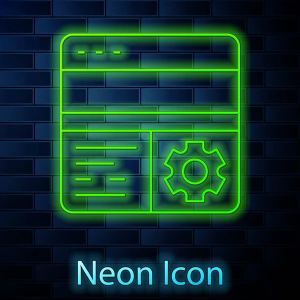 Linea neon incandescente icona di debug isolato su sfondo muro di mattoni. Strumento di debug. Lente d'ingrandimento sulla programmazione degli insetti. Software di test e impostazione. Vettore — Vettoriale Stock