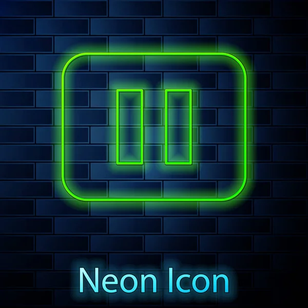 Leuchtende Neon-Linie Pause-Taste Symbol isoliert auf Backsteinwand Hintergrund. Vektor — Stockvektor