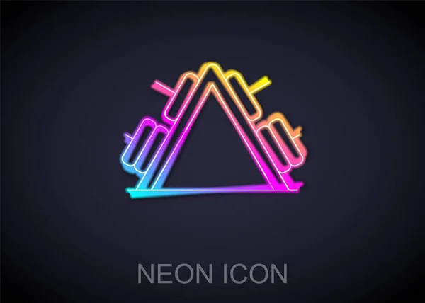 Gloeiende neon lijn Metalen rek met extra gewichten voor lange halter pictogram geïsoleerd op zwarte achtergrond. Bodybuilding, fitness, sport, gezonde levensstijl concept. Vector — Stockvector