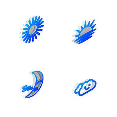 Isometric Line Sunset, Moon simgesi ve Bulut simgesini ayarla. Vektör