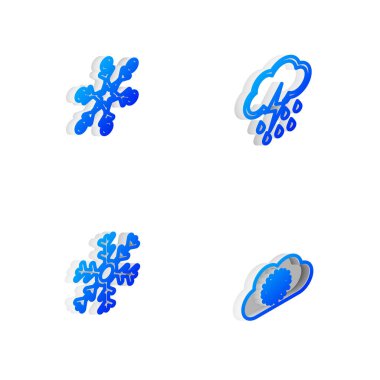 Isometric hattını yağmur, şimşek, kar tanesi ve kar ikonu ile ayarla. Vektör