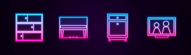 Raflar, Büyük Piyano, Mobilya Komodini ve Resim çerçevesini masaya koyun. Parlayan neon ikonu. Vektör