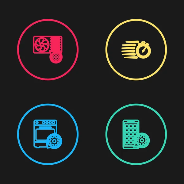 설정 Oven set, Mobile Apps, Stopwatch 및 Air conditional icon. Vector — 스톡 벡터