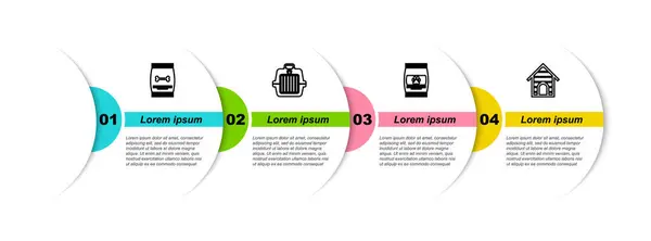 Definir linha saco de comida para animal de estimação, caso de transporte do animal de estimação, e casa do cão. Modelo de infográfico de negócios. Vetor — Vetor de Stock