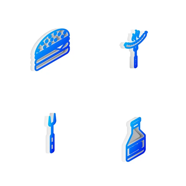 Set Isometrische lijn Barbecue winkelgebouw, gekruist mes en spatel, grill en worst op de vork pictogram. Vector — Stockvector