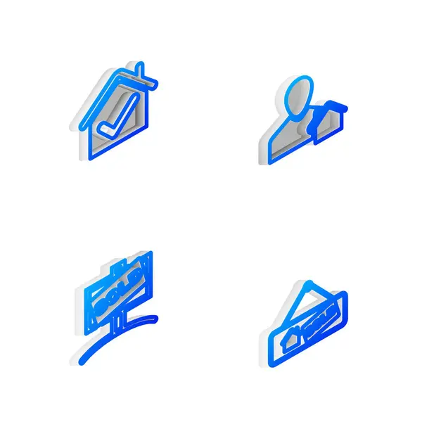 Set Isometric line Realtor, House with check mark, Hanging sign Sold and icon. Vector — Stock Vector