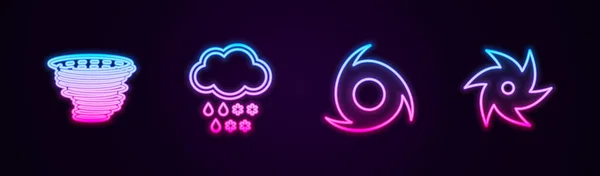 Impostare linea Tornado, Nuvola con neve e pioggia, e. Icona luminosa al neon. Vettore — Vettoriale Stock