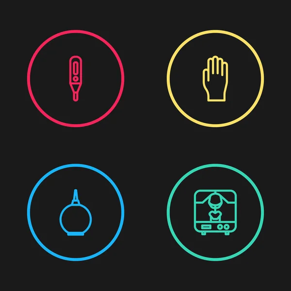 Set line Enema, X-ray machine, Medical rubber gloves and digital thermometer icon. Vektor — Stockový vektor