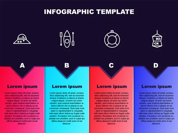 Set lijn Visser hoed, Kajak of kano, Reddingsboei en Visnet met vis. Bedrijfsinfographic sjabloon. Vector — Stockvector
