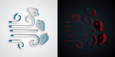 Kağıt kesiği, gri ve siyah arkaplanda izole edilmiş rüzgarlı hava ikonu. Bulut ve rüzgar. Kağıt sanatı tarzı. Vektör