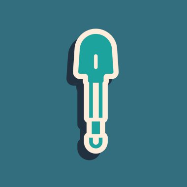 Yeşil Kürek simgesi yeşil arkaplanda izole edildi. Bahçe aletleri. Bahçecilik, tarım, çiftçilik aleti. Uzun gölge tarzı. Vektör