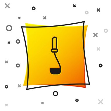 Siyah Mutfak kepçe simgesi beyaz arkaplanda izole edildi. Mutfak aletleri. Çatal kaşık tabelası. Sarı kare düğme. Vektör