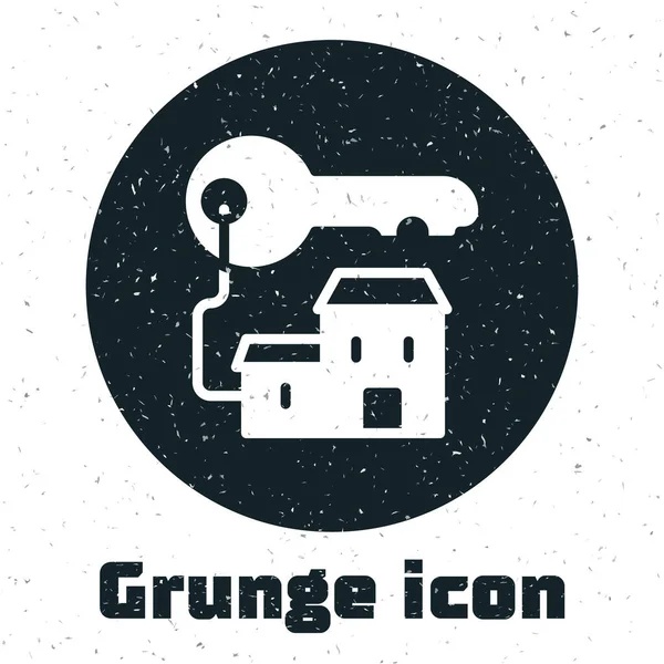 Grunge Casa ganadora con icono clave aislado sobre fondo blanco. Dibujo vintage monocromo. Vector — Vector de stock