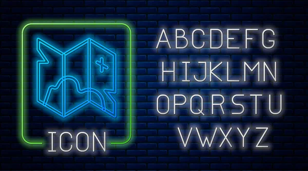 Сяючий неоновий піратський значок карти скарбів ізольований на фоні цегляної стіни. Неоновий легкий алфавіт. Векторні — стоковий вектор