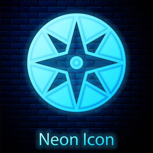 Leuchtende Neon Wind Rose Symbol isoliert auf Backsteinwand Hintergrund. Kompass-Symbol für Reisen. Navigationsdesign. Vektor — Stockvektor