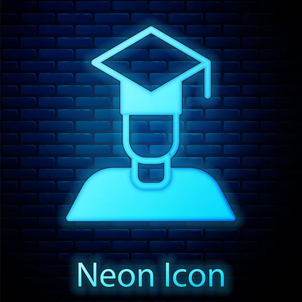 Neon incandescente Graduate e graduazione cap icona isolata su sfondo muro di mattoni. Vettore — Vettoriale Stock