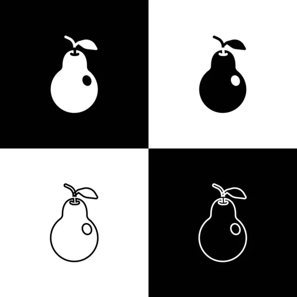 Setzen Sie das Birnensymbol isoliert auf schwarzem und weißem Hintergrund. Obst mit Blattsymbol. Vektor — Stockvektor