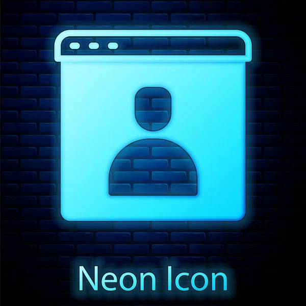 Glödande neon Skapa konto skärm ikon isolerad på tegel vägg bakgrund. Vektor — Stock vektor