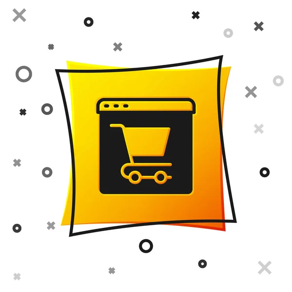 Preto Compras on-line no ícone de tela isolado no fundo branco. Conceito e-commerce, e-business, marketing de negócios online. Botão quadrado amarelo. Vetor — Vetor de Stock