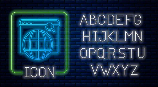 Glødende neon Søgemaskine ikon isoleret på mursten væg baggrund. Neonlet alfabet. Vektor – Stock-vektor