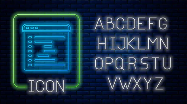 Светящийся значок окна неонового браузера изолирован на фоне кирпичной стены. Неоновый легкий алфавит. Вектор — стоковый вектор