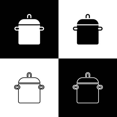 Pişirme tenceresi simgesini siyah beyaz arkaplanda izole et. Haşlama ya da güveç besin sembolü. Vektör