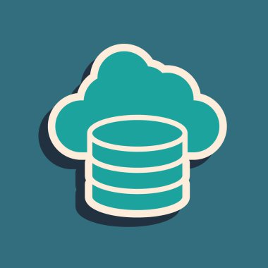 Yeşil Bulut veritabanı simgesi yeşil arkaplanda izole edildi. Bulut hesaplama konsepti. Veri aktarımlı dijital servis ya da uygulama. Uzun gölge tarzı. Vektör