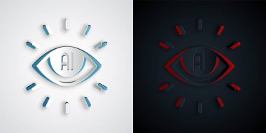 Kağıt kesiği Yapay Zeka simgesi gri ve siyah arkaplanda izole edilmiş. Makine öğrenme, bulut hesaplama, otomatik destek ve ağlar. Kağıt sanatı tarzı. Vektör