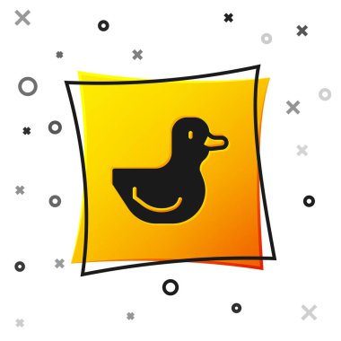 Beyaz arkaplanda siyah plastik ördek ikonu var. Sarı kare düğme. Vektör