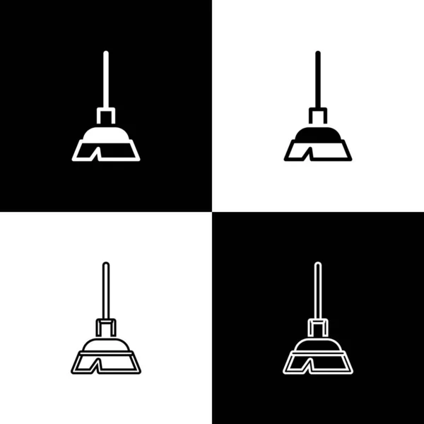 Conjunto Handle vassoura ícone isolado no fundo preto e branco. Conceito de serviço de limpeza. Vetor — Vetor de Stock