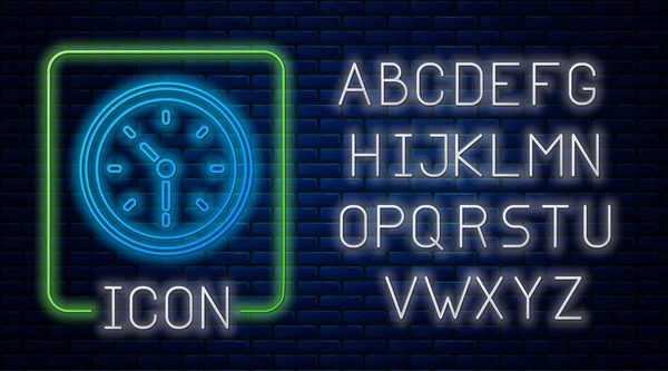 Сяюча піктограма неонового годинника ізольована на фоні цегляної стіни. Символ часу. Неоновий легкий алфавіт. Векторні — стоковий вектор