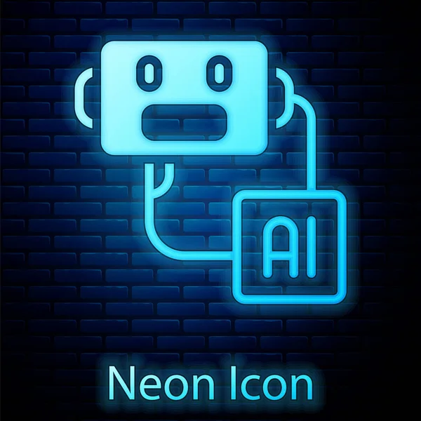 Ragyogó neon Mesterséges intelligencia robot ikon elszigetelt téglafal háttér. Gépi tanulás, felhőalapú számítástechnika. Vektor — Stock Vector