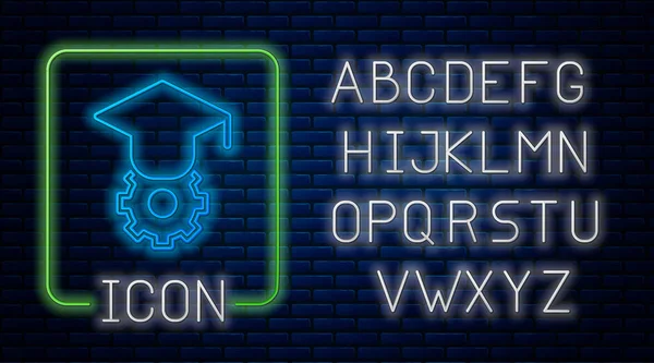 Ícone de boné de graduação neon brilhante isolado no fundo da parede de tijolo. Chapéu de graduação com ícone de borla. Alfabeto claro de néon. Vetor — Vetor de Stock